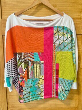 Volt Design Art To Wear Colorful Patchwork Abstract Dolman Sweater Top size 3/L